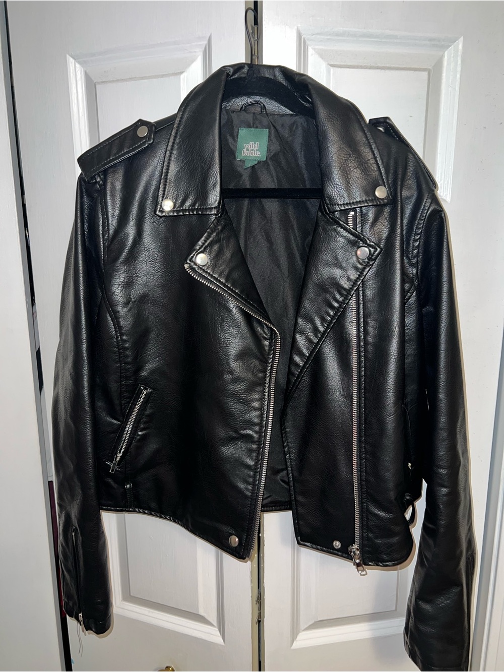 wild fable Black Faux Leather Moto Jacket with Snap Epaulets